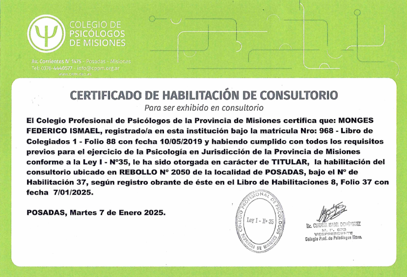 Certificado de habilitaci&oacute;n de consultorio